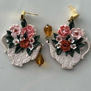 Floral Teapot Earrings with Pink and Orange Flowers